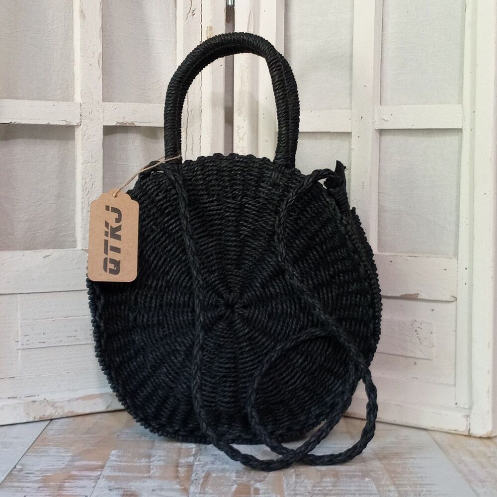 Hand Woven Boho Beach Straw Round Crossbody Bag Circle Purse Summer Black NWT